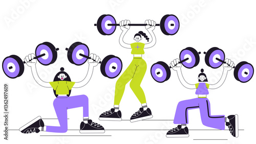 People are exercising at the gym. Woman with dumbbell. Cartoon isolated vector illustration.