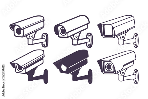 Minimal Security CC Camera Set Silhouette Vector Illustration featuring modern surveillance camera icons in clean, simple black shapes perfect for security systems, apps, signage, or infographics.