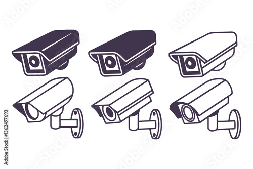 Minimal Security CC Camera Set Silhouette Vector Illustration featuring modern surveillance camera icons in clean, simple black shapes perfect for security systems, apps, signage, or infographics.