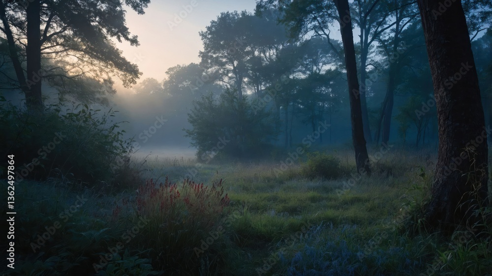 A misty forest landscape at dawn, showcasing serene natural beauty and tranquility. A misty forest landscape at dawn, showcasing serene natural beauty and tranquility.