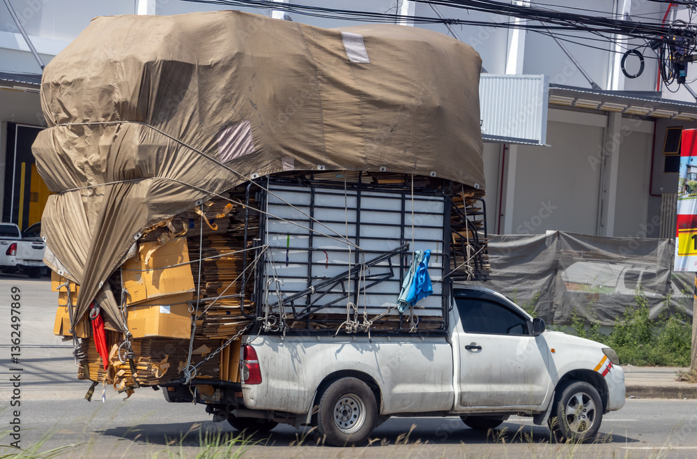 A pick-up truck fully loaded with paper for recycling drives down a city street, Thailand