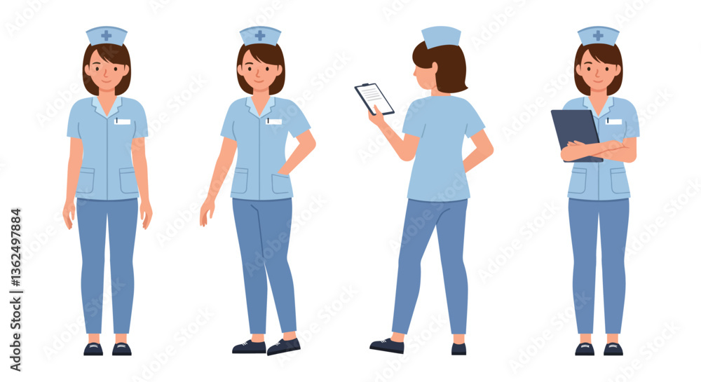 Fototapeta premium Nurse character in different poses with flat design style vector illustration