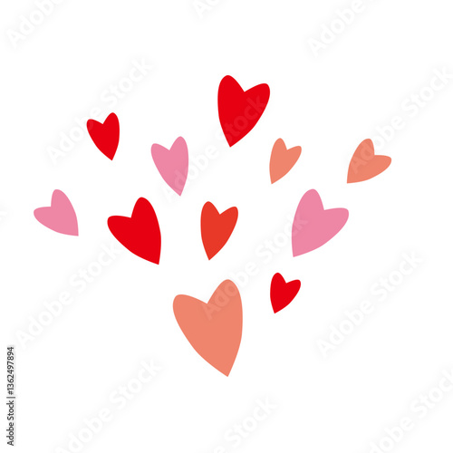 赤とピンクの舞うハートのイラスト