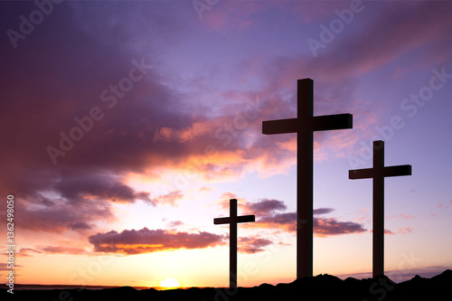Good Friday. Friday before Easter. Christian crosses against the sunset