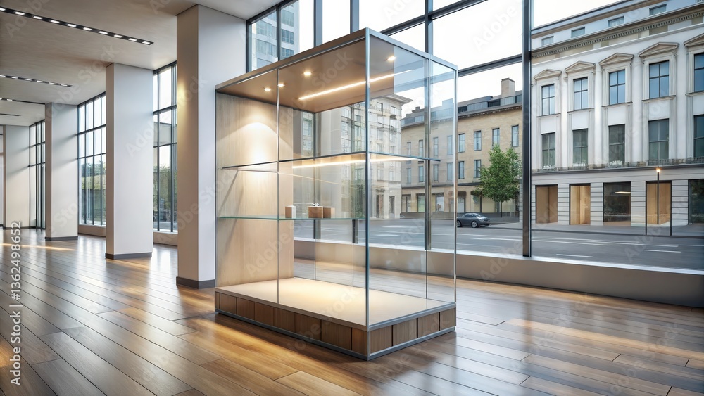 A Modern Glass Display Case in a Minimalist Interior with a View of the City A Modern Glass Display Case in a Minimalist Interior with a View of the City