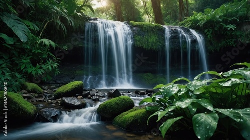 A serene waterfall cascading through lush greenery, creating a tranquil natural scene.