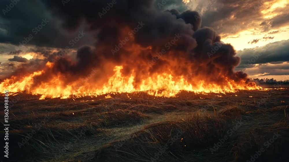 Dramatic wildfire sweeps across a field at dusk creating a spectacle of destruction Dramatic wildfire sweeps across a field at dusk creating a spectacle of destruction