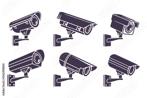 Minimal Security CC Camera Set Silhouette Vector Illustration featuring modern surveillance camera icons in clean, simple black shapes perfect for security systems, apps, signage, or infographics.