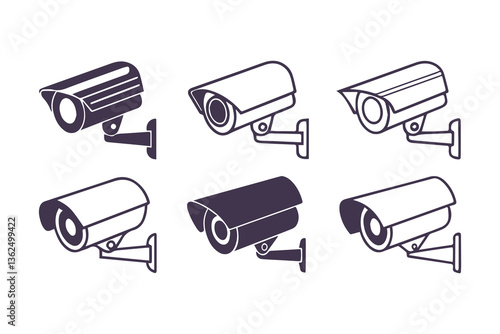 Minimal Security CC Camera Set Silhouette Vector Illustration featuring modern surveillance camera icons in clean, simple black shapes perfect for security systems, apps, signage, or infographics.