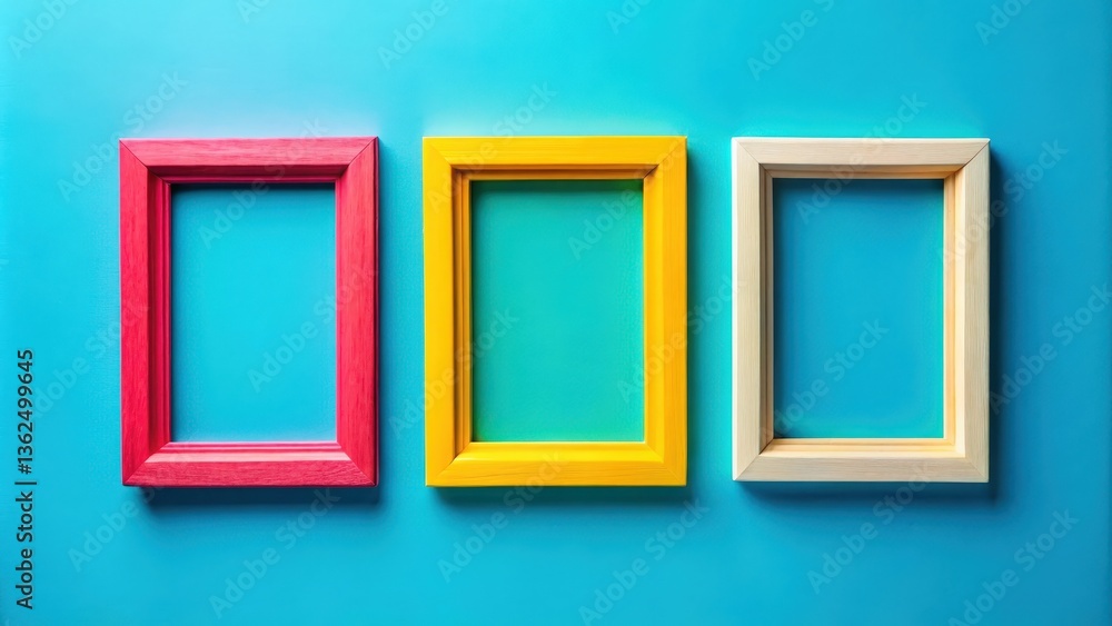 Three colorful picture frames on a blue background, ready for your memories Three colorful picture frames on a blue background, ready for your memories
