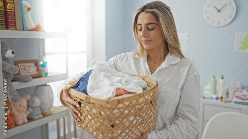 Woman carrying laundry basket in cozy home setting with bright interior and playful toys around, showcasing domestic chores and serene environment. Woman carrying laundry basket in cozy home setting with bright interior and playful toys around, showcasing domestic chores and serene environment.