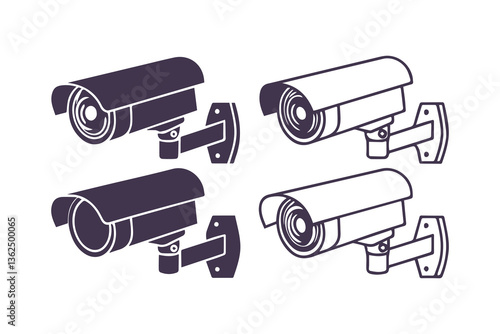 Minimal Security CC Camera Set Silhouette Vector Illustration featuring modern surveillance camera icons in clean, simple black shapes perfect for security systems, apps, signage, or infographics.