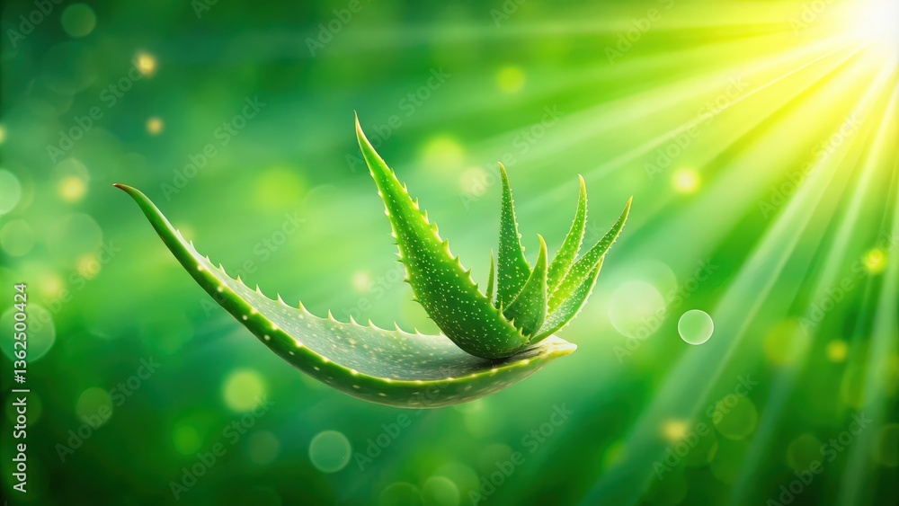 Naklejka premium A single aloe vera leaf, curved into a cradle, cradling a smaller plant, bathed in soft, warm light, highlighting its vibrant green color and delicate texture.