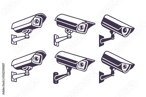 Minimal Security CC Camera Set Silhouette Vector Illustration featuring modern surveillance camera icons in clean, simple black shapes perfect for security systems, apps, signage, or infographics.