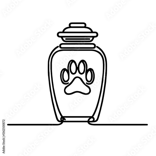 a funerary urn with a dog's paw print on it, funeral urn for pet memory, vector, black line drawing, minimalistic, single line, simple line, isolated, transparent background 