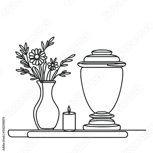 A funerary urn with vase with flowers and candle, vector, black line drawing, minimalistic, single line, simple line, isolated, transparent background 