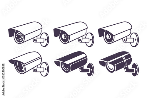 Minimal Security CC Camera Set Silhouette Vector Illustration featuring modern surveillance camera icons in clean, simple black shapes perfect for security systems, apps, signage, or infographics.