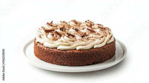 Fototapeta Naklejka Na Ścianę i Meble -  Delicious pumpkin spice cake topped with creamy frosting and chocolate shavings, perfect for festive occasions