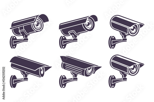 Minimal Security CC Camera Set Silhouette Vector Illustration featuring modern surveillance camera icons in clean, simple black shapes perfect for security systems, apps, signage, or infographics.