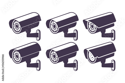 Minimal Security CC Camera Set Silhouette Vector Illustration featuring modern surveillance camera icons in clean, simple black shapes perfect for security systems, apps, signage, or infographics.