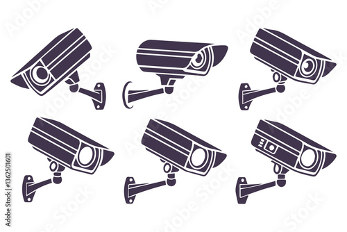 Minimal Security CC Camera Set Silhouette Vector Illustration featuring modern surveillance camera icons in clean, simple black shapes perfect for security systems, apps, signage, or infographics.