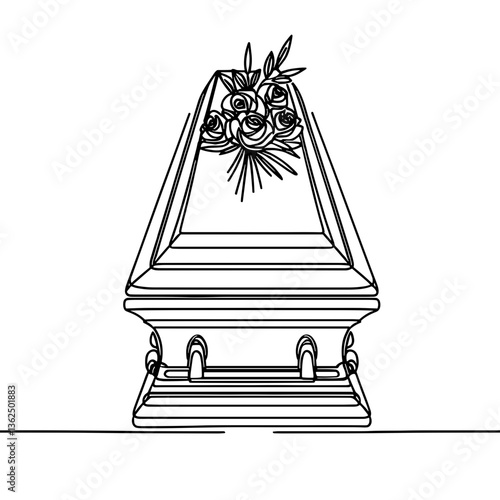 Coffin with flowers, vector, black line drawing, minimalistic, single line, simple line, isolated, transparent background 