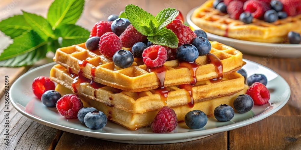A stack of golden waffles topped with fresh blueberries and raspberries, drizzled with syrup, and garnished with mint leaves on a white plate. A stack of golden waffles topped with fresh blueberries and raspberries, drizzled with syrup, and garnished with mint leaves on a white plate.
