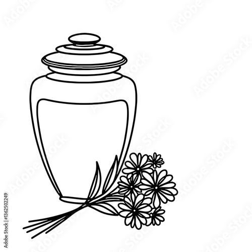 A funerary urn with flowers, vector, black line drawing, minimalistic, single line, simple line, isolated, transparent background 