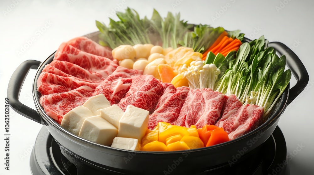 Preparing Traditional Japanese Sukiyaki with Beef, Tofu and Fresh Vegetables Preparing Traditional Japanese Sukiyaki with Beef, Tofu and Fresh Vegetables