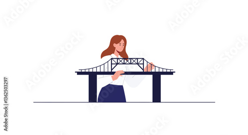 Woman constructing a bridge in flat design vector art