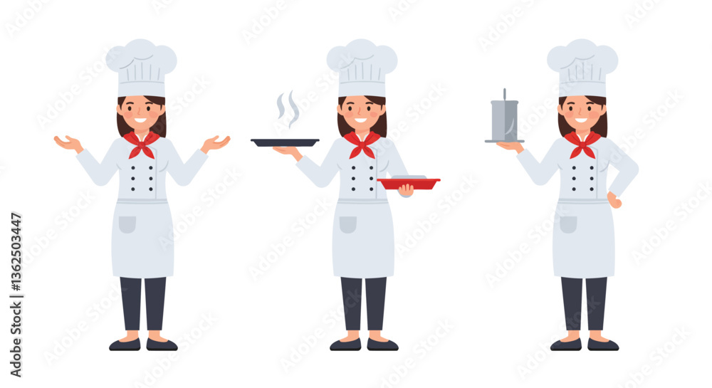 Chef character in three poses showcasing cooking, serving, and presenting in flat vector art