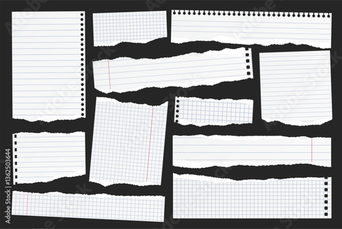 Ripped paper strips. Realistic crumpled paper scraps with torn edges. Shreds of notebook, book or old newspaper pages. Trendy collage elements. Vector illustration