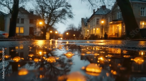 Evening rainy street scene with golden glowing jellyfish-like reflections in water puddles under cozy ambient lights. Low angle cinematic shot capturing trees, houses, and wet pavement textures for dr