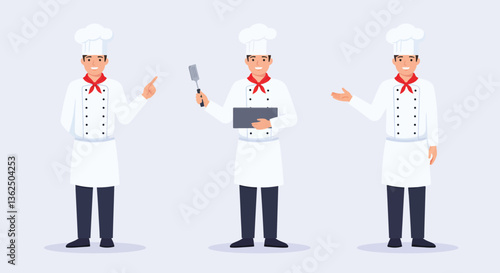 Chef character showcasing different cooking poses in flat vector art