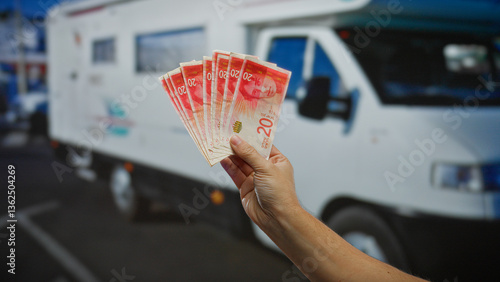 Hand holding israeli shekels in front of a parked camper van on a sunny street, symbolizing investment, travel, and financial transactions outdoors in urban settings.