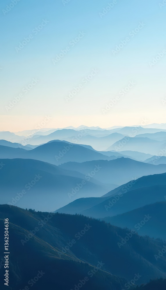 Misty blue mountains, rolling hills under a clear sky, panorama, majestic, scenic Misty blue mountains, rolling hills under a clear sky, panorama, majestic, scenic