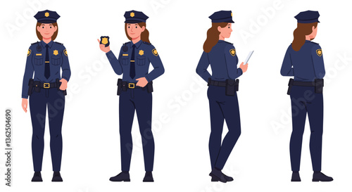 Police officer character design in flat style showcasing various poses vector illustration