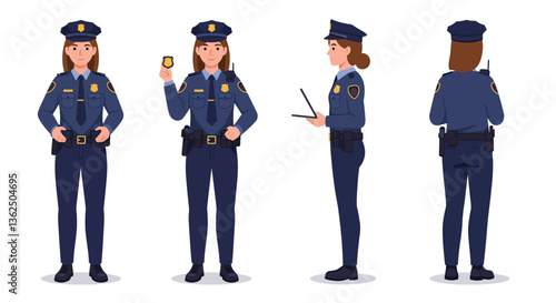 Police officer in uniform showcasing four distinct poses in flat vector illustration