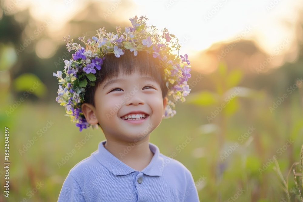 Smiling asian child boy with tt hair wearing purple flower crown on his head. Happy summertime holidays conceptual art. Golden hour in sunset. Boy celebrating summer. Sun-drenched holiday joy. Smiling asian child boy with tt hair wearing purple flower crown on his head. Happy summertime holidays conceptual art. Golden hour in sunset. Boy celebrating summer. Sun-drenched holiday joy.