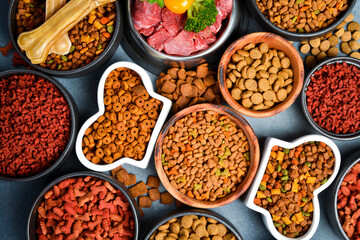 Dry pet food with natural ingredients. Raw meat in a bowl for pets. A set of different fodder and food for dogs or cats.