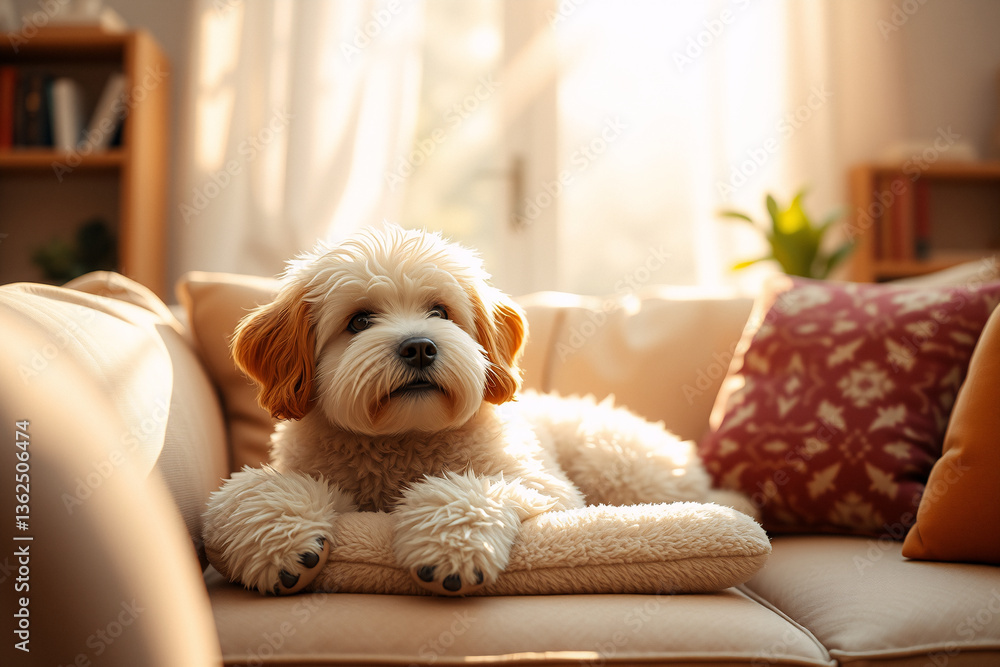 A fluffy dog with light fur and floppy ears relaxes comfortably on a beige couch in a cozy room bathed in sunlight. Peaceful domestic scene. A fluffy dog with light fur and floppy ears relaxes comfortably on a beige couch in a cozy room bathed in sunlight. Peaceful domestic scene.