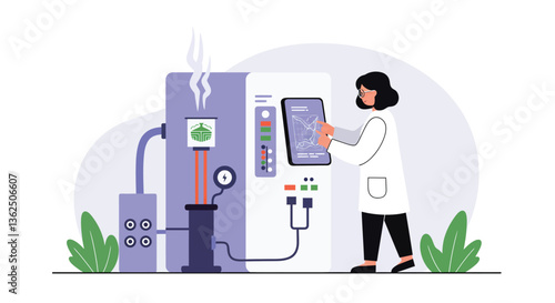 Scientist adjusting machine settings in a flat style vector illustration