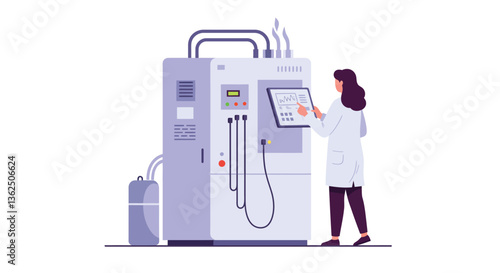 Laboratory technician interacting with advanced equipment in flat vector art