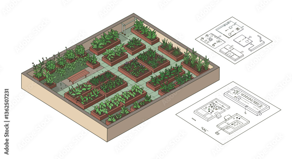 Fototapeta premium Detailed garden layout design in flat style showcasing planting changes in vector illustration