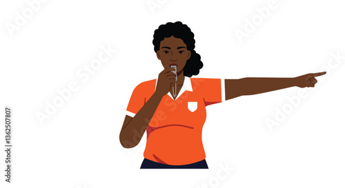 Female sports referee in orange shirt blowing whistle and signaling direction in flat vector art