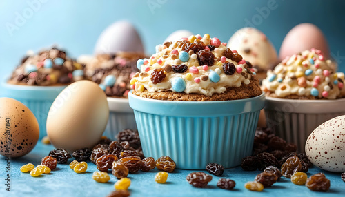 Easter scene with cupcakes topped with sprinkles and raisins, eggs, blue background