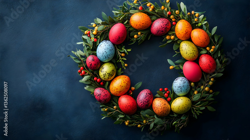Easter wreath with bright eggs & greenery against a dark blue background