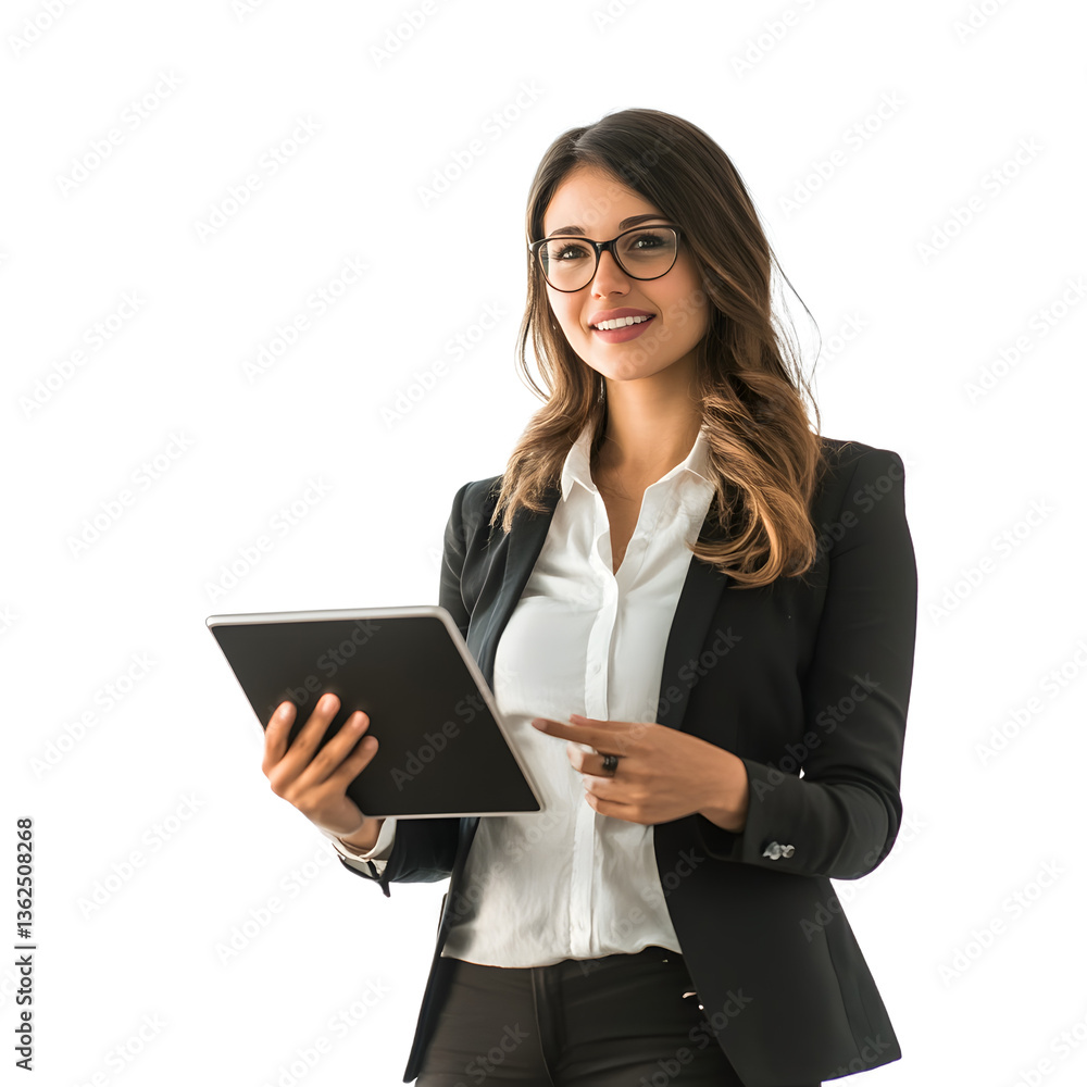 Confident professional woman holding a tablet with a smile. Her sophisticated appearance is enhanced by her glasses and business attire. Confident professional woman holding a tablet with a smile. Her sophisticated appearance is enhanced by her glasses and business attire.