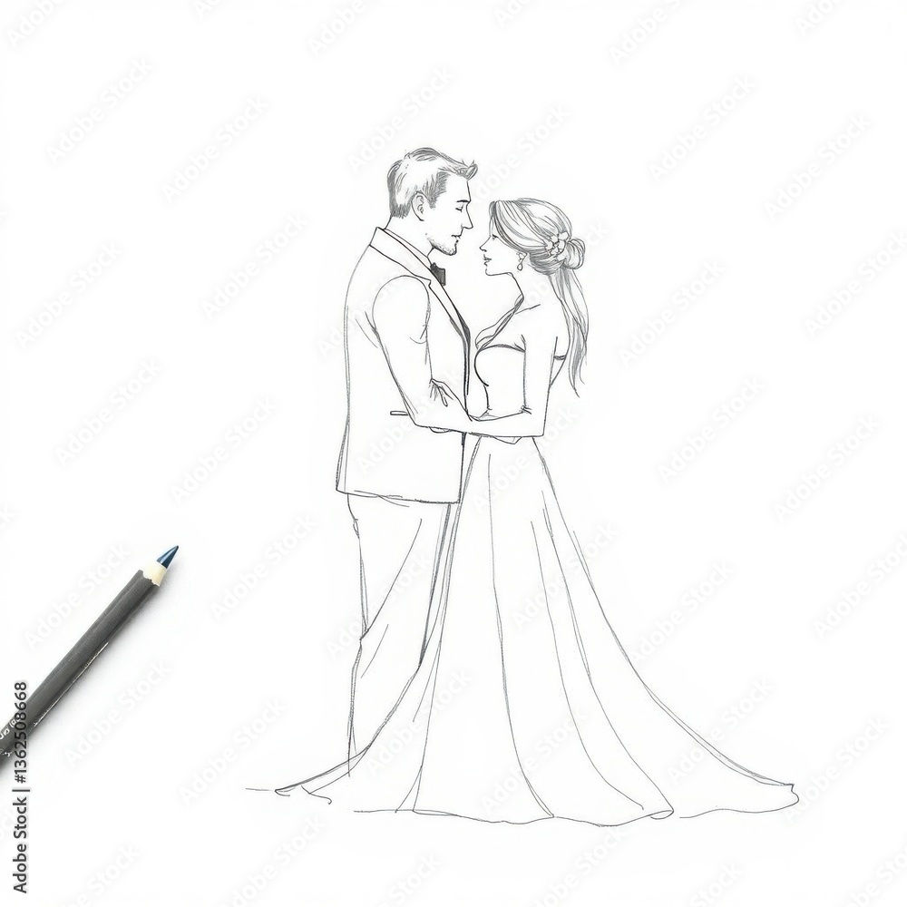 Fototapeta premium Wedding Couple Sketch Elegant Drawing of Bride and Groom