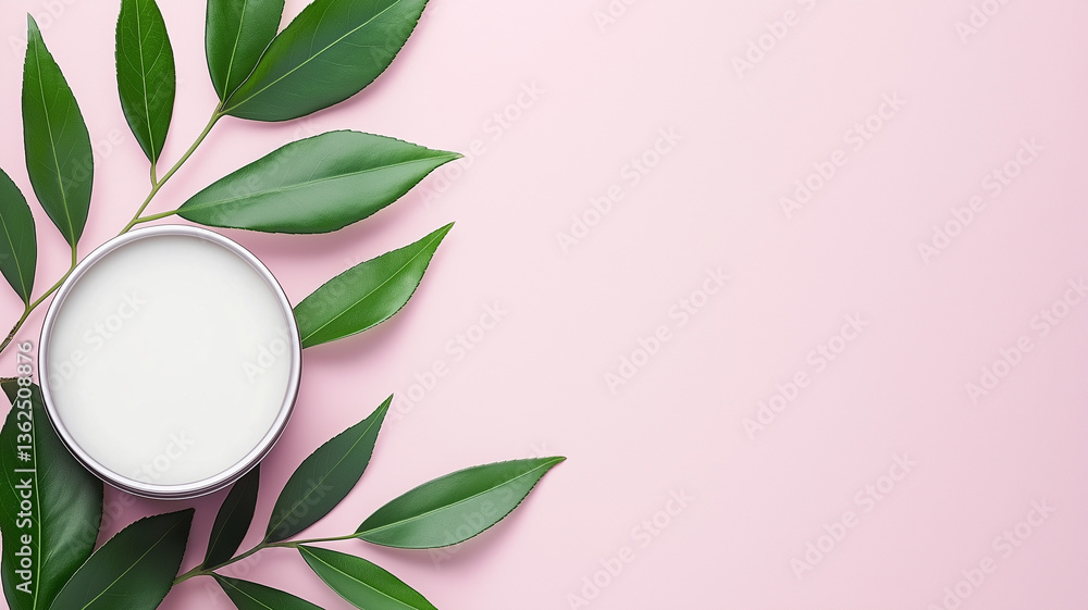 soothing skincare cream surrounded by fresh green leaves on soft pink background creates calming and natural aesthetic. This evokes sense of tranquility and wellness soothing skincare cream surrounded by fresh green leaves on soft pink background creates calming and natural aesthetic. This evokes sense of tranquility and wellness